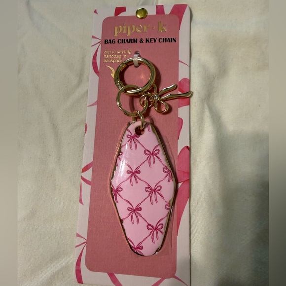 Piper K Accessories - Piper & K Pink Bow Pattern Key & Bag Charm with Gold Hardware